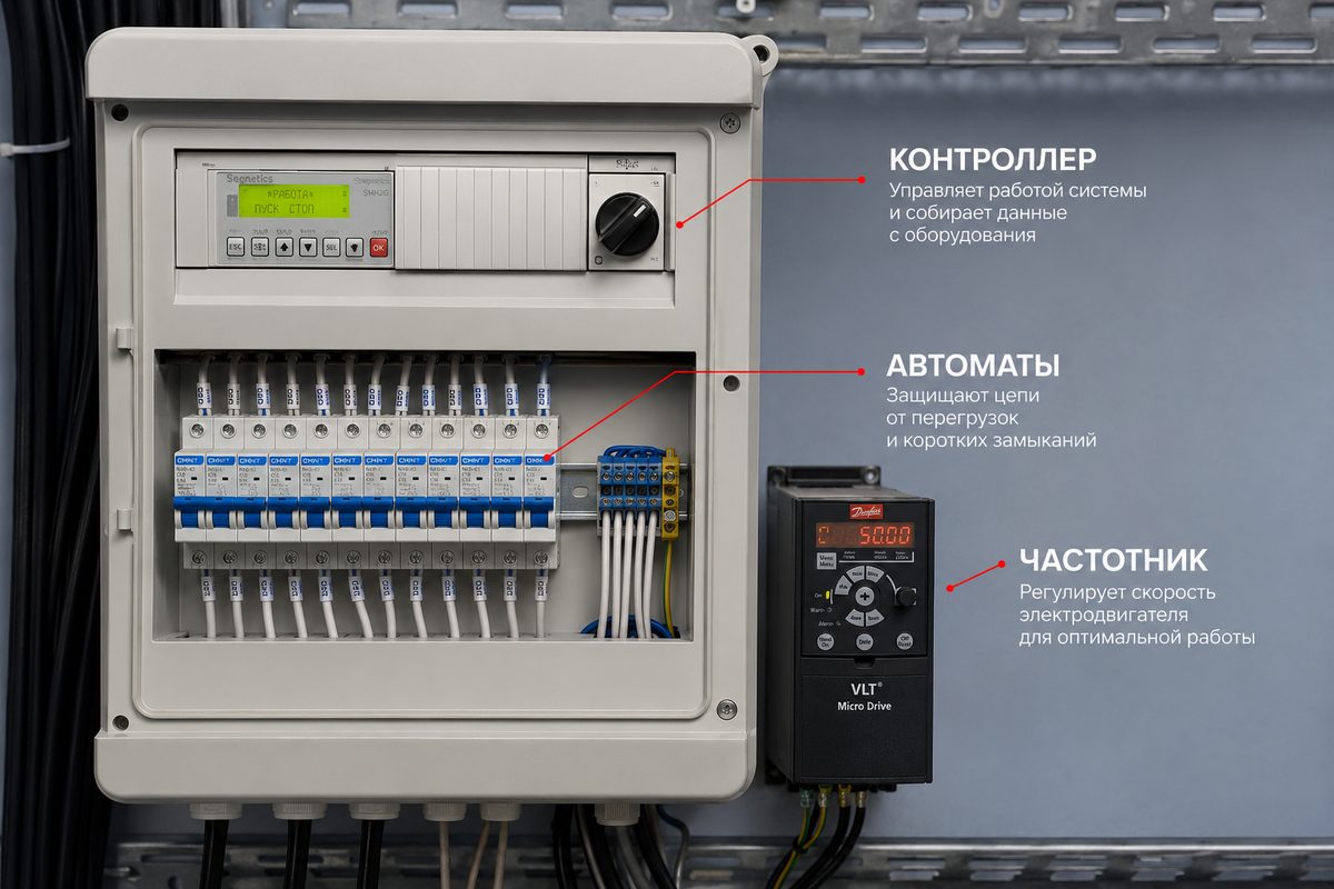 Шкаф автоматизации вентиляционной установки: контроллер, автоматы защиты, преобразователь частоты