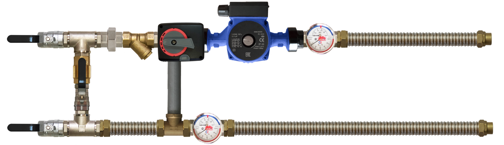 Смесительный узел LN по схеме BMS: трёхходовой клапан с приводом, циркуляционный насос, байпас и термоманометры